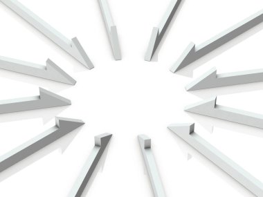 Birden fazla ok ortada toplandı. Konsantrasyon ve toplamayı temsil eden bir konsept görüntü. 3B görüntüleme. 