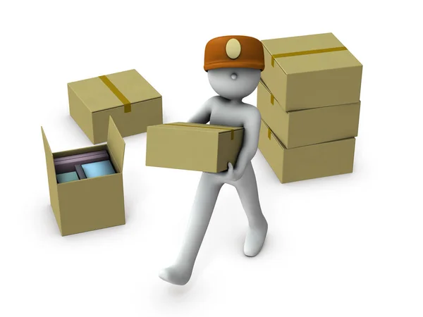 Courier Who Carries Cardboard Boxes Hard White Background Rendering — Stock Photo, Image