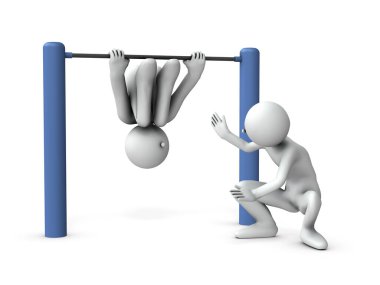 Yatay bir çubukta asılı bir insan. Oynamak için arkadaşlar. Beyaz arka plan. 3B görüntüleme. 