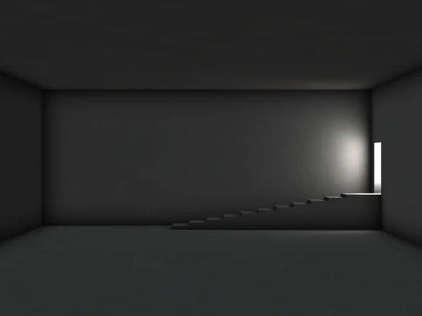 A dark closed room. A desired escape exit that leads to the outside. 3D rendering.