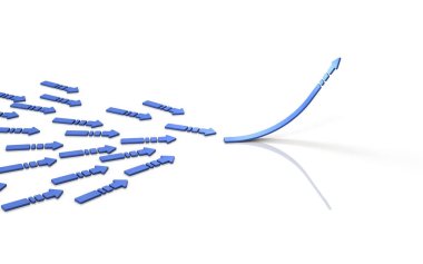 Bir araya getirilmesi gereken bir sürü ok var. Şeylerin doruk noktası. Beyaz arka plan. 3B görüntüleme. 