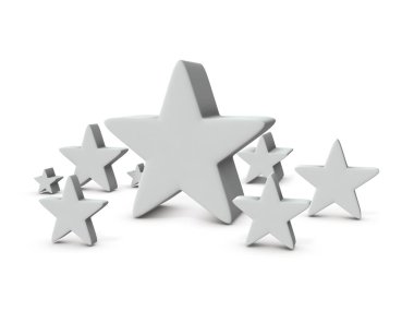 Büyük ve küçük yıldız nesneleri koleksiyonu. 3 boyutlu görüntüleme. Beyaz arkaplan. 