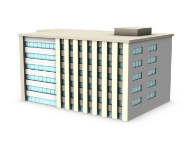 Minyatür hastane. Binalar ve gayrimenkul. Beyaz arka plan. 3B görüntüleme. 