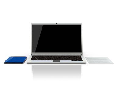 Basit dizüstü bilgisayarlar ve tabletler. Ekran boş. Bilgi donanım terminali. 3 boyutlu görüntüleme. Beyaz arkaplan. 