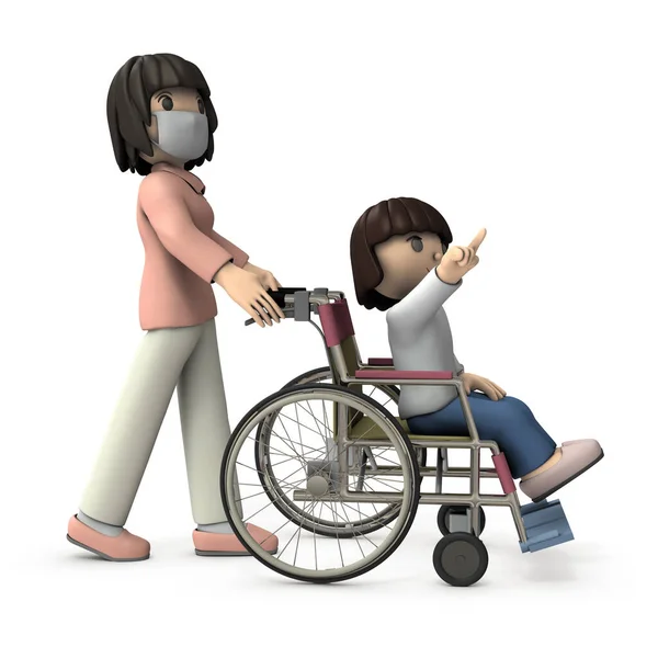 Girl Wheelchair Nurse Pushing Recovery Hope White Background Rendering — Stock Photo, Image