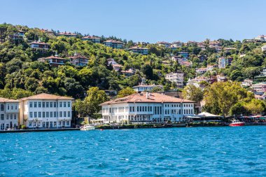 Türkiye 'nin İstanbul kentindeki İstanbul Boğazı' nda yaz mevsiminde yeşil ormanlı güzel binalar ve malikaneler. Bir Gemi Gezisinden Görünüm.