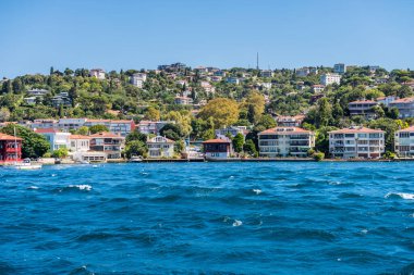Türkiye 'nin İstanbul kentindeki İstanbul Boğazı' nda yaz mevsiminde yeşil ormanlı güzel binalar ve malikaneler. Bir Gemi Gezisinden Görünüm.