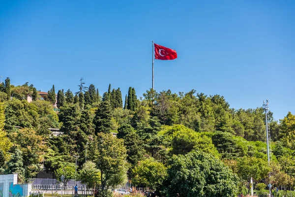 夏には美しいトルコ国旗と緑の森 トルコのイスタンブールのボスポルス海峡のコストラインと丘の斜面 クルーズ船からの眺め — ストック写真