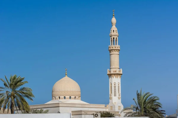 Cúpula Minarete Mezquita Maharba Palmera Contra Cielo Azul Dubai Emiratos — Foto de Stock