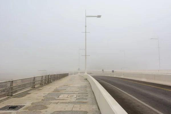 Highway and the light pole under thick fog at the Abu Dhabi, the biggest and most populated city of United Arab Emirates