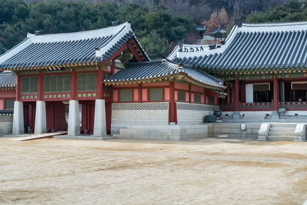 Wooden house with black tiles of Hwaseong Haenggung Palace loocated in Suwon South Korea, the largest one of where the king and royal family retreated to during a war, use by the Joseon kings since the time of King Jeongjo