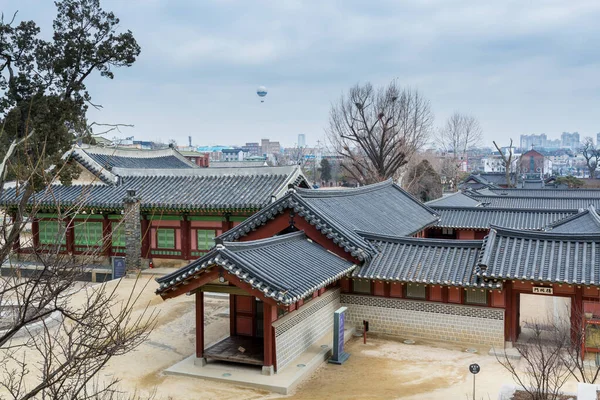 Wooden house and black tiles of Hwaseong Haenggung Palace in Suwon, Korea,  the largest one of where the king Jeongjo and royal family retreated to during a war