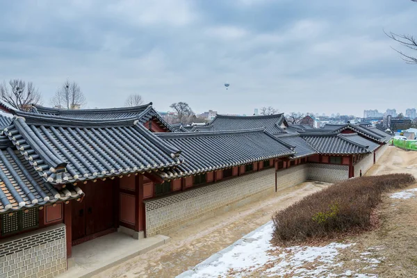 Wooden house and black tiles of Hwaseong Haenggung Palace in Suwon, Korea,  the largest one of where the king Jeongjo and royal family retreated to during a war