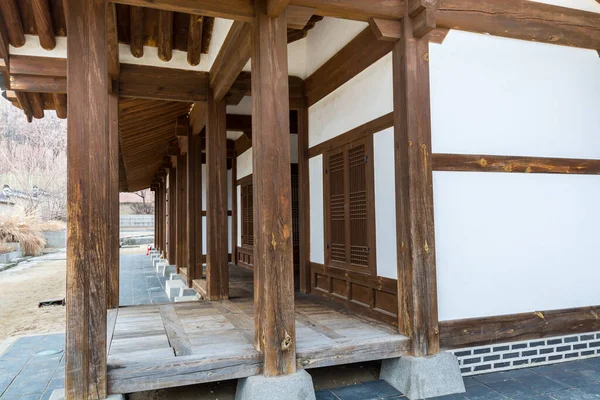 Wooden house with black tiles of Hwaseong Haenggung Palace loocated in Suwon South Korea, the largest one of where the king and royal family retreated to during a war, use by the Joseon kings since the time of King Jeongjo