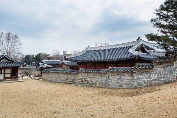 Wooden house with black tiles of Hwaseong Haenggung Palace loocated in Suwon South Korea, the largest one of where the king and royal family retreated to during a war, use by the Joseon kings since the time of King Jeongjo