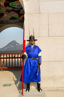 Güney Kore 'nin Seul şehrindeki Gyeongbokgung Sarayı' nın ana girişi olan Gwanghwamun Kapısı 'nda tarihi kostümler içinde kraliyet muhafızlarının savaşçısı.