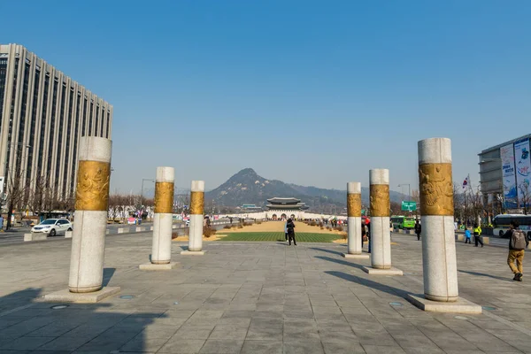 Colonnes Côté Statue Sejong Daewang Place Gwanghwamun Arrière Plan Palais — Photo