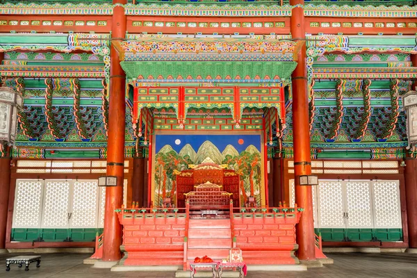 Interiors of King\'s office and king\'s chair in Gyeongbokgung,  also known as Gyeongbokgung Palace or Gyeongbok Palace, the main royal palace of Joseon dynasty.