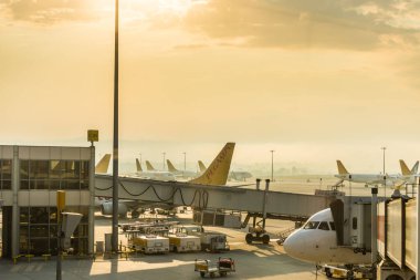 İstanbul Sabiha Gökçen Uluslararası Havalimanı 'ndaki Pegasus Havayolları uçağı sabah erken saatlerde Türkiye' nin İstanbul kentinde