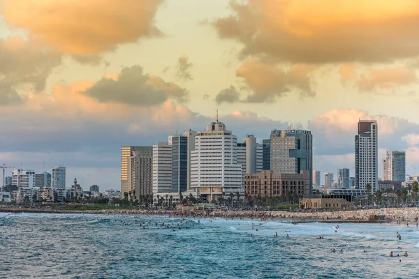 Modern Skylines Luxury Hotels Twilight Beach Old City Jaffa Tel — Stock Photo, Image