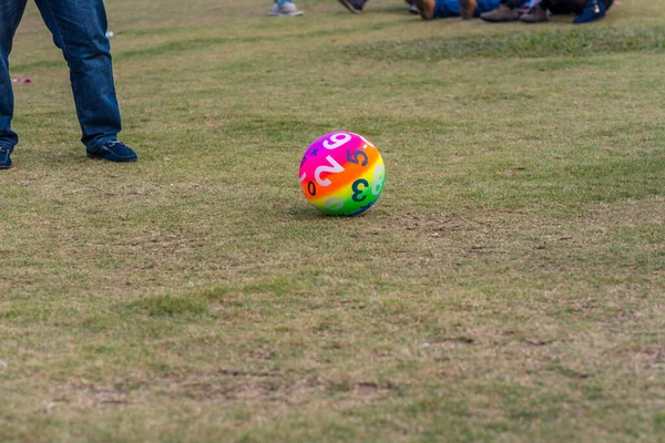 Piede Calcio Con Numeri Sul Prato Verde — Foto Stock