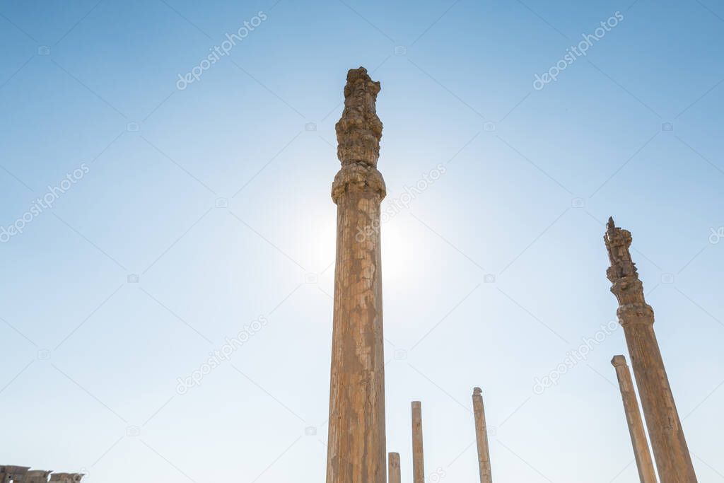 Ruins of columns in the Persepolis in Shiraz, Iran. The ceremonial capital of the Achaemenid Empire. UNESCO World Heritage