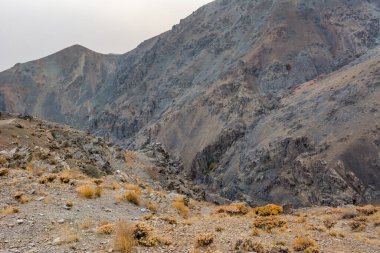 İran 'ın Tahran kentindeki Tochal Dağı' nda sonbaharda kayalar ve kurumuş otlarla kaplı bir kanyon. Tochal Tahran sakinleri için popüler bir eğlence bölgesidir.