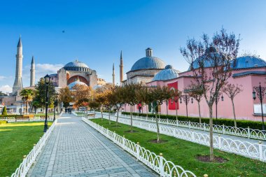 Ayasofya Kutsal Camii 'ne sabah İstanbul, Türkiye' de sonbaharda mavi gökyüzüne karşı