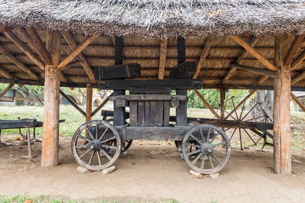 Authentic peasant farm tools from all over Romania in Dimitrie Gusti National Village Museum, an open-air museum located in the King Michael I Park, showcasing traditional Romanian village life