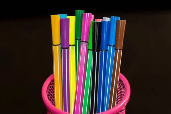 Stylos Marqueurs Colorés Acier Fil Rose Porte Stylo Avec Fond — Photo