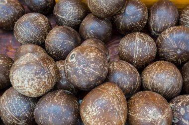 Satılık bir yığın olgun hindistan cevizi