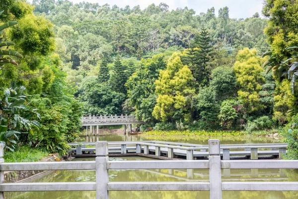 Chinese traditional  stone bridge in the center of a lake in the Yuanboyuan Park,  Futian, Shenzhen, China