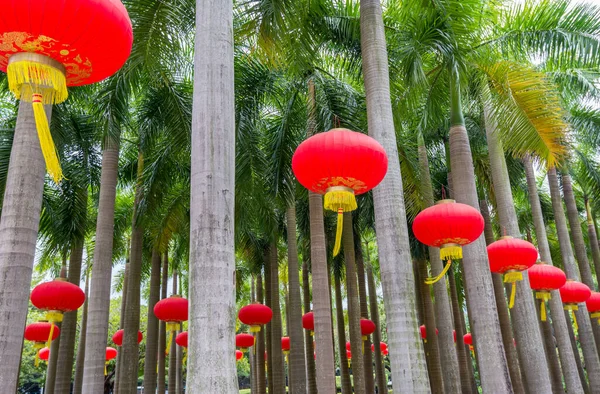 Lanterne Rosse Tradizionali Cinesi Appese Nel Parco Festeggiare Capodanno Cinese — Foto Stock