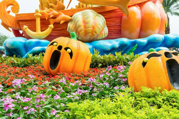 Lot Carved Golden Pumpkins Faces Park Cerebrate Halloween Stock Photo