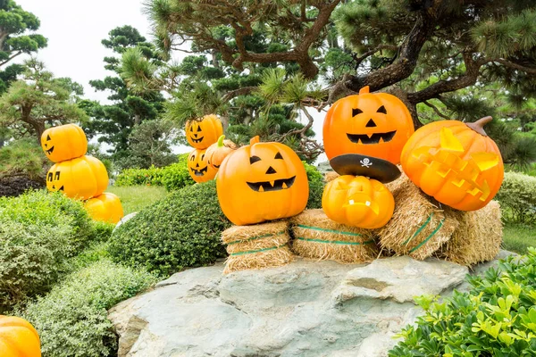 Montón Calabazas Oro Talladas Caras Parque Para Cerebralizar Halloween Fotos De Stock Sin Royalties Gratis