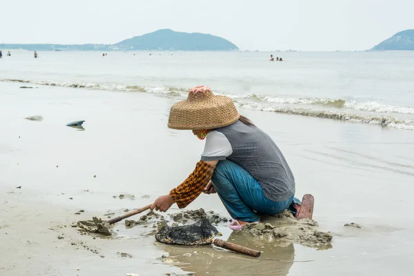 Una Pescadora China Cavando Almejas Con Una Azada Playa — Foto de Stock