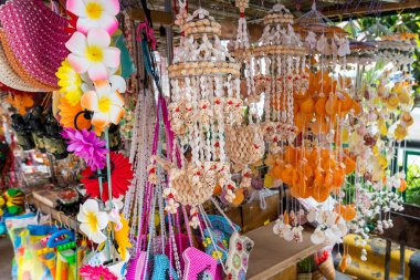 Hailing Island, Yanjiang, Çin 'deki sahil dükkanlarında satılık çeşitli deniz kabukları koleksiyonu.