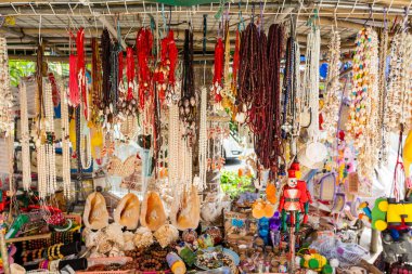 Hailing Island, Yanjiang, Çin 'deki sahil dükkanlarında satılık çeşitli deniz kabukları koleksiyonu.