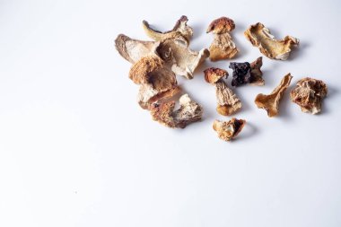 Beyaz izole edilmiş arka planda kurutulmuş Porcini mantarları.. 