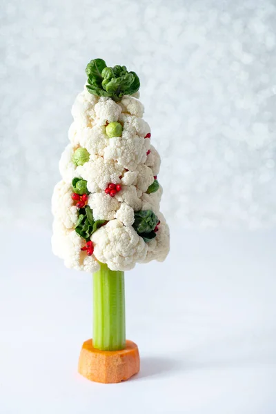 Prachtige groente kerstboom op een zilveren bokeh achtergrond. Vegetarisch kerstvoedselconcept. — Stockfoto