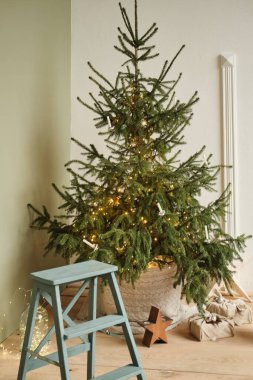Sıfır Noel konsepti. Çiçek saksılarında ve el yapımı hediye paketlerinde yaşayan Noel ağacı 