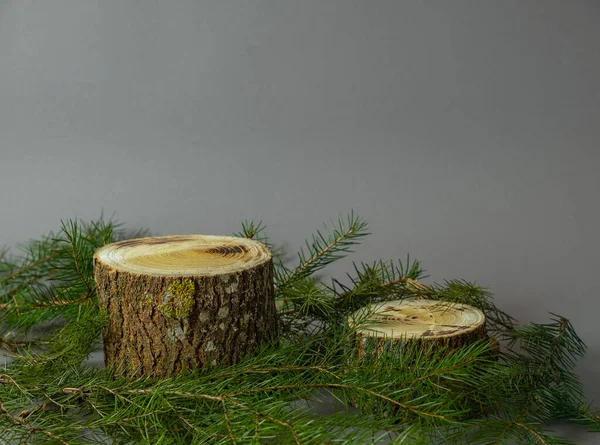 Deux podiums vides de forme cylindrique en bois naturel sur fond gris. Des branches d'épinette verte se trouvent à proximité. Pour la présentation du produit. — Photo