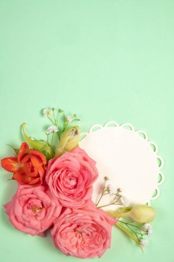 Soluk yeşil arka planda pembe güllerin parlak çiçek deseni. Bahar ve anneler günü konsepti.