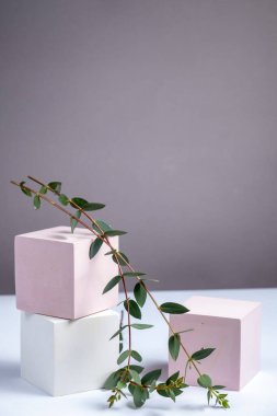 Geometrik şekilli kozmetik arka plan. Beyaz ve pembe kübik podyumlar. Soyut arkaplan. Kozmetik ürünleri sergilemek için bir model. Boşluğu göster ve kopyala.