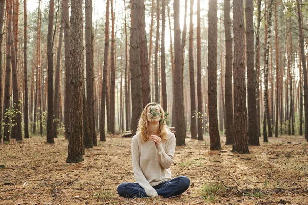 Caucasian Woman Outdoors Covering Her Face Fir Twig Concept Unity — Stock Photo, Image