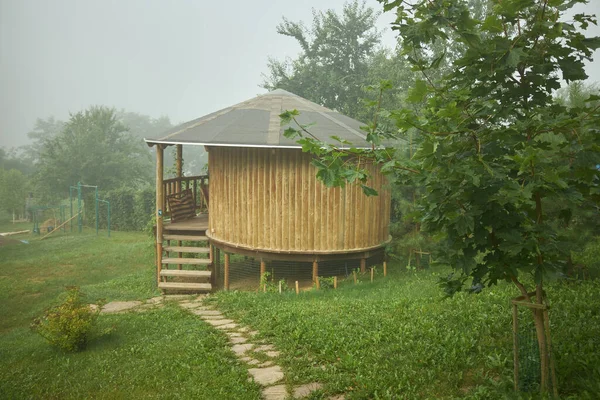 Wooden Summer House Green Trees Morning Fog — Stock Photo, Image