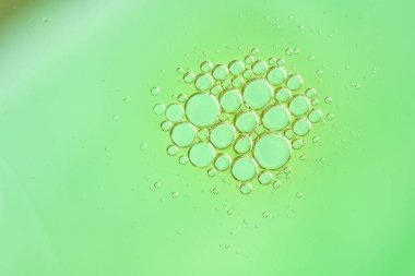 Macro shot of oil bubbles floating in water on a light green background. Transparent spheres sparkle with soft reflections, symbolizing freshness, purity, and eco energy. 