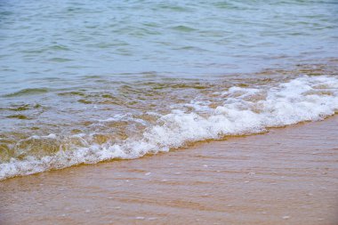 Sakin bir dalga kumlu sahilde yuvarlanarak yumuşak doğal ışık altında köpük ve su dokuları oluşturur. Boşluğu kopyala 