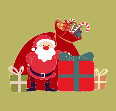 Noel hediyelerine uzanan neşeli Noel Baba, kırmızı giyinmiş neşeli Noel Baba, Noel malzemeleri ve sevinçle çevrili, kırmızı elbiseli neşeli Noel Baba, dolu oyuncak ve tatlı ikramlar yanında