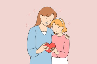 Beyaz tenli anne-kız kalp kucaklaşması, pastel resimde mavi kazak giyen anne ve kırmızı kalp tutan sarışın çocuk görülüyor.,